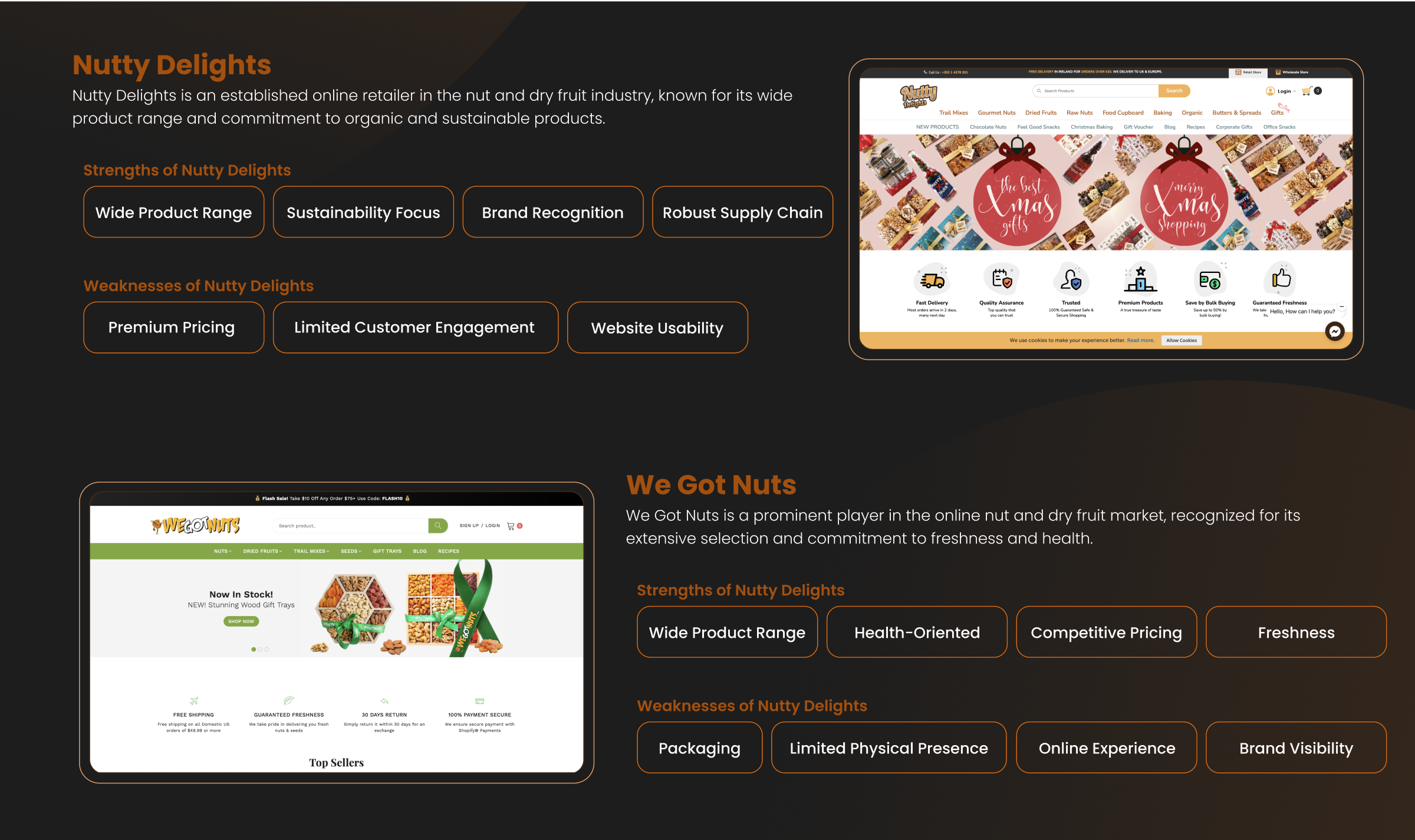 Comparison chart showing competitive analysis between Nutty Delights and We Got Nuts, highlighting strengths and weaknesses.