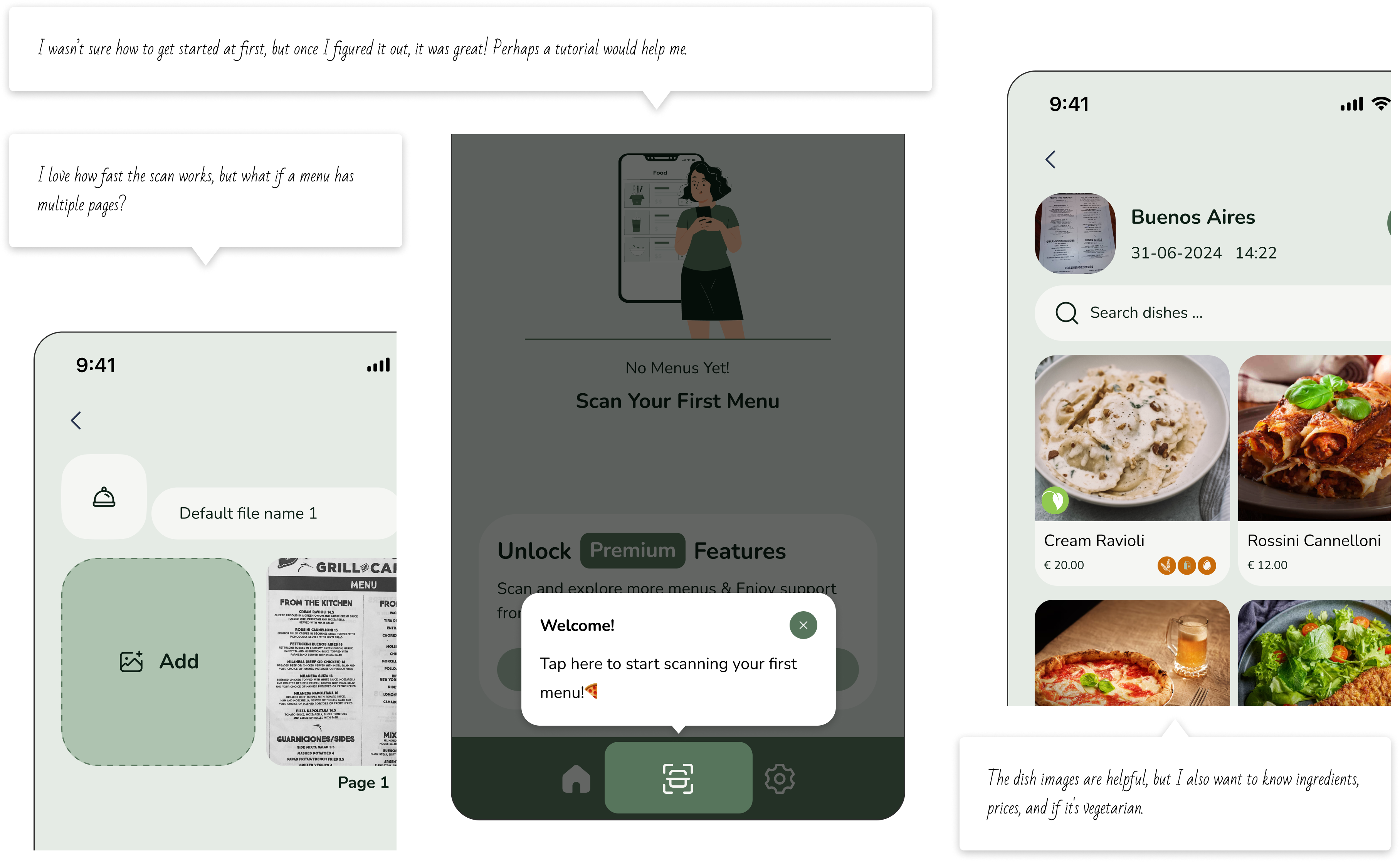 examples of UI refinements for Menudish based on usability testing