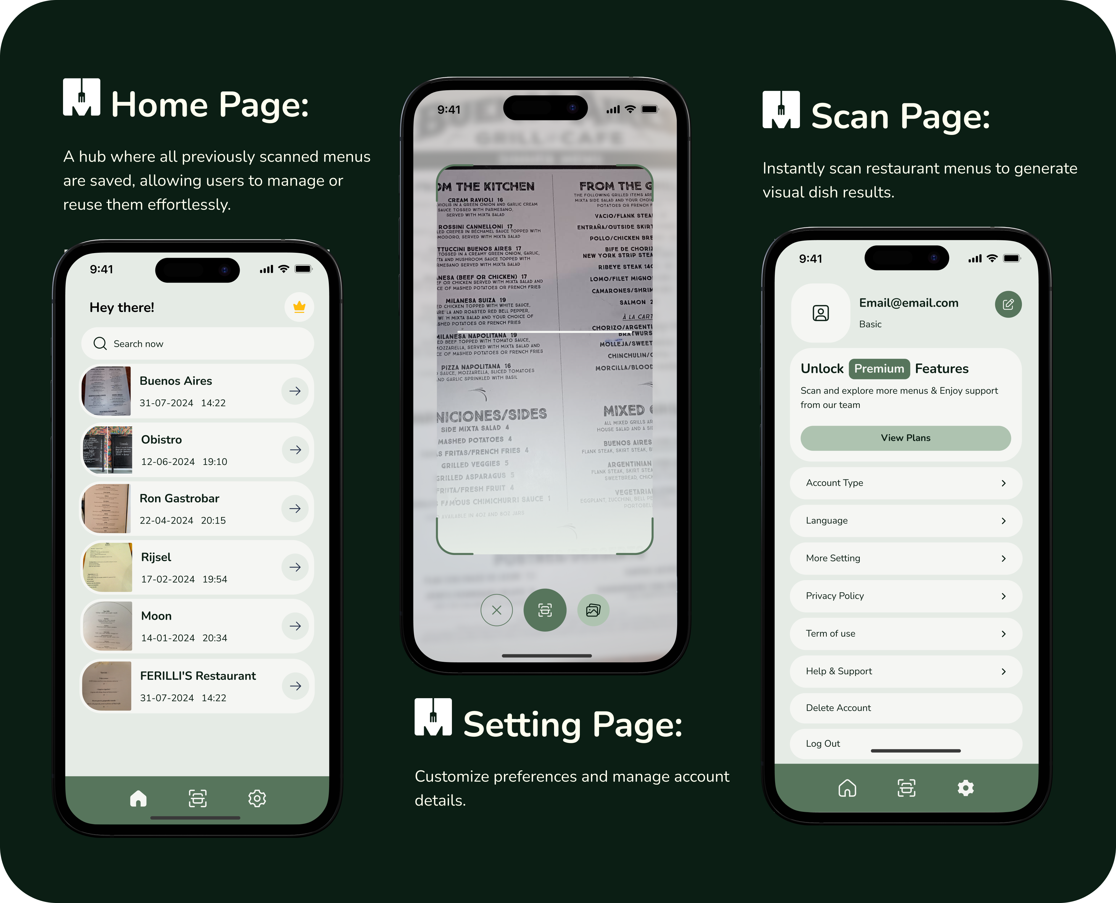 UI design focusing on the Home, Scan, and Settings pages of Menudish