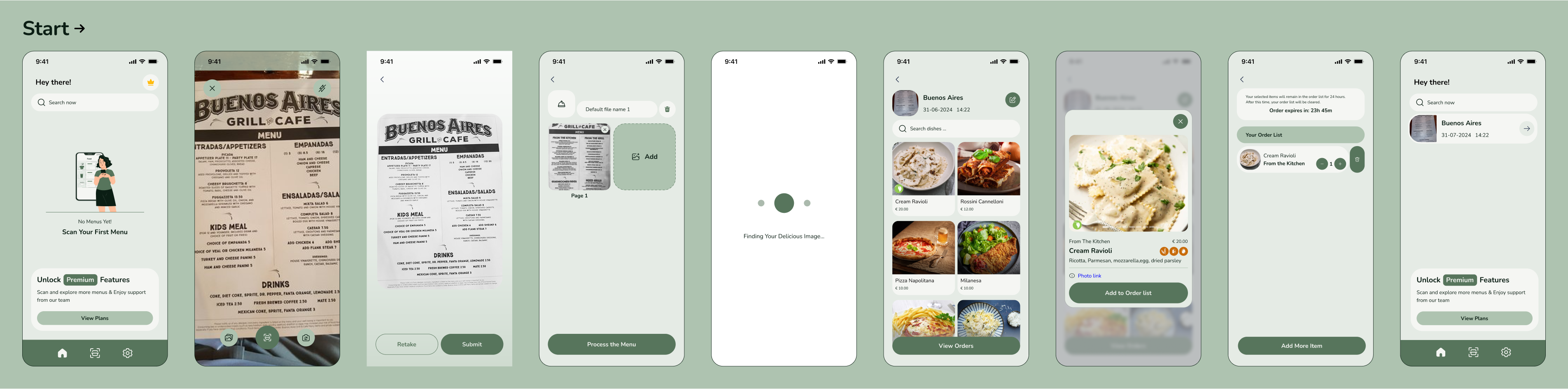 Full user journey in Menudish, from scanning a menu to viewing AI-generated dish photos