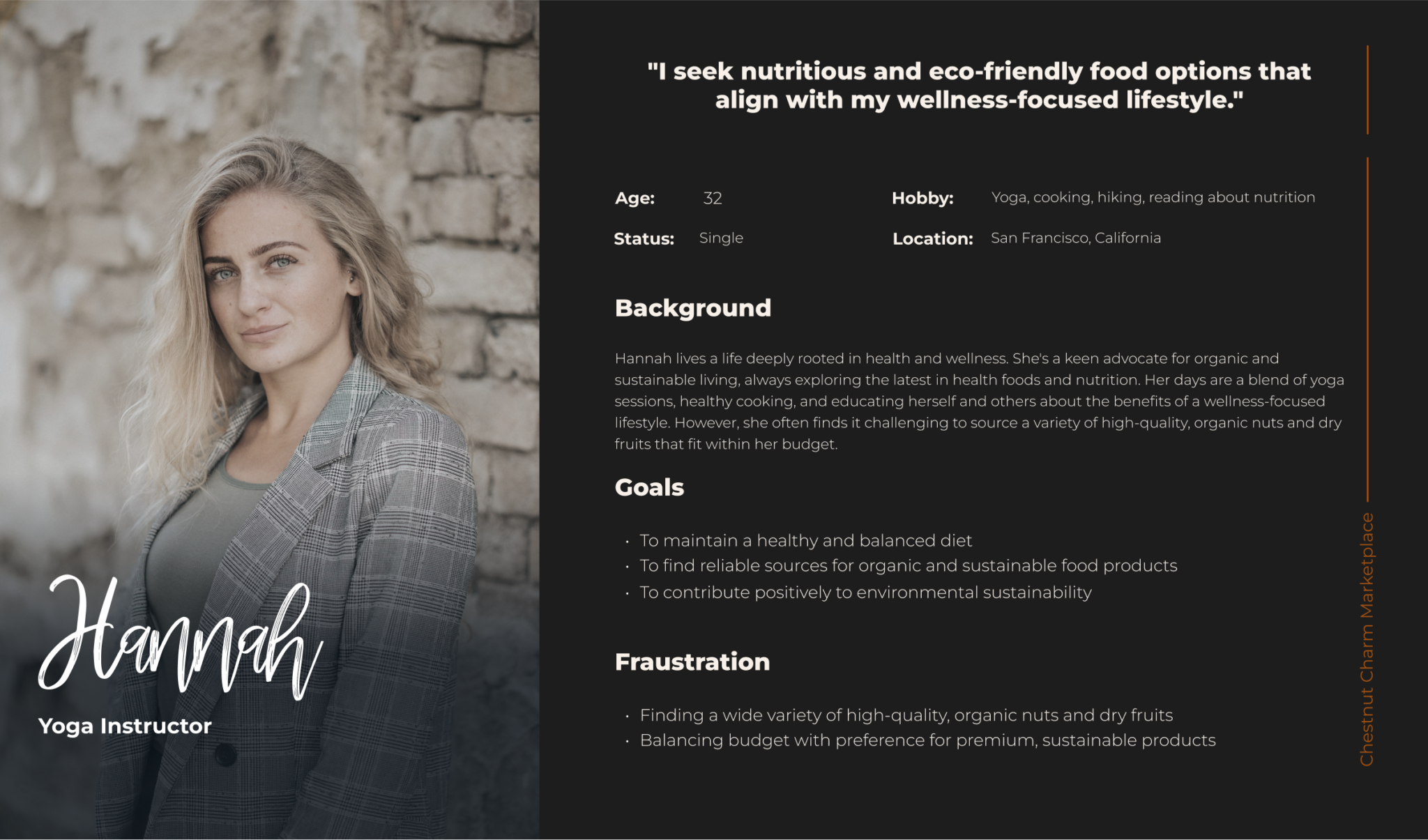 Image of Hanna, an eco-conscious shopper, browsing eco-friendly food options on Chestnut Charm Marketplace.