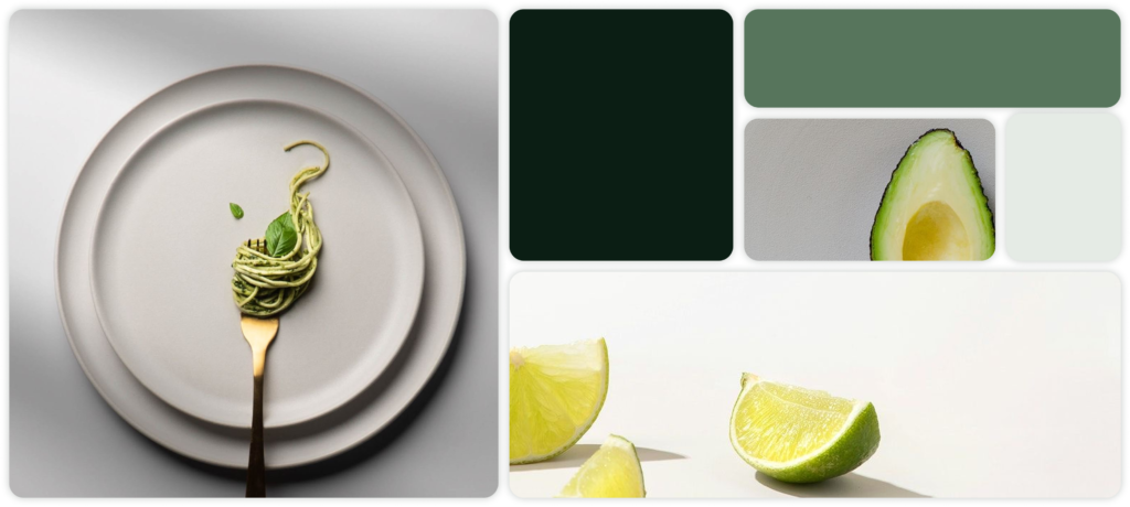 Image showcasing minimalist UI elements with vibrant food visuals