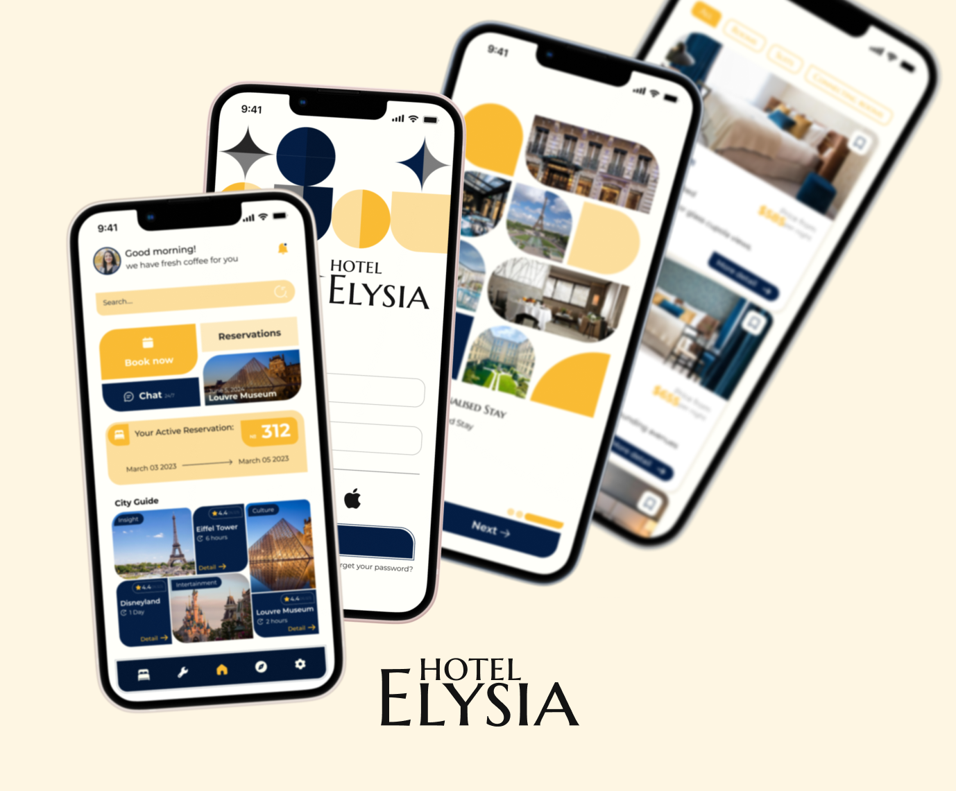 Multiple phone screens displaying various pages from a hotel app