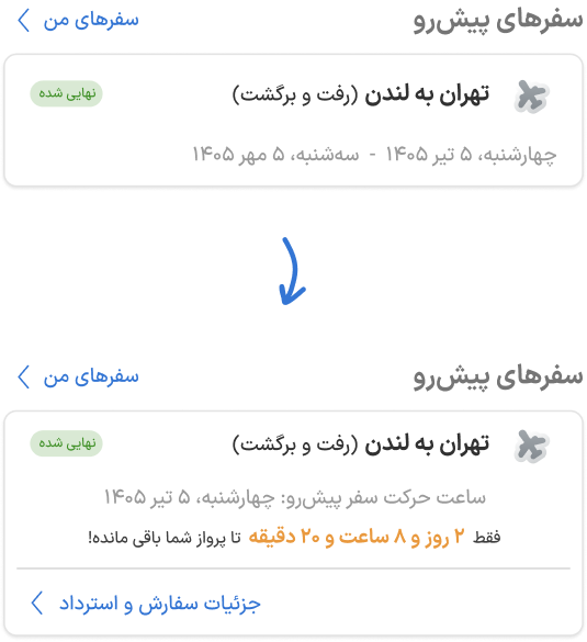Optimized Upcoming Trip card showing next departure time, countdown, and quick-access buttons for order details and refund